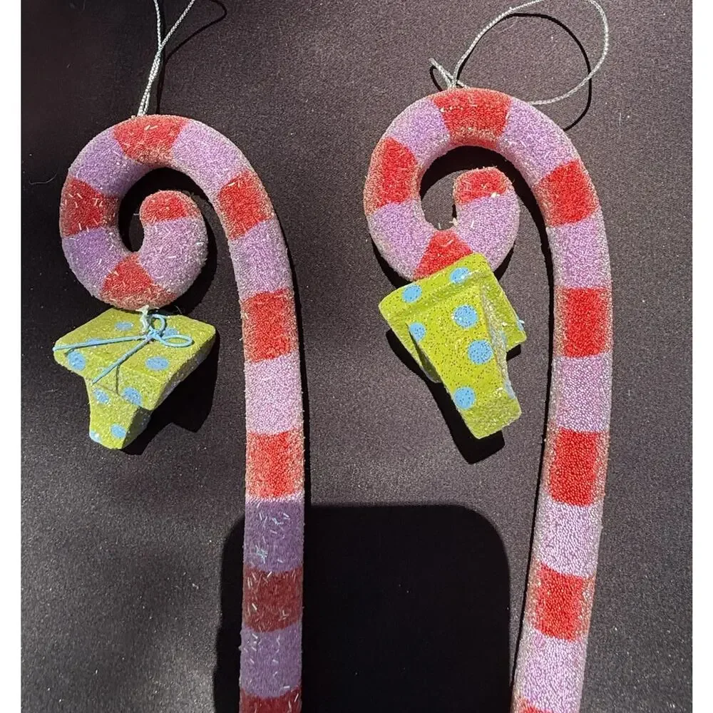 2 Vtg Dept 56 Whimsical Sugared Candy Cane Christmas Ornaments Frosted -K1